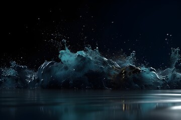 Blue Splash with smoke floating on dark black background with copy space, 8k high resolution illustration