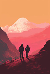 Silhouette hikers walking up a mountain against the background of the sunset, in the style of dark pink and light maroon, animated illustration. generated with ai