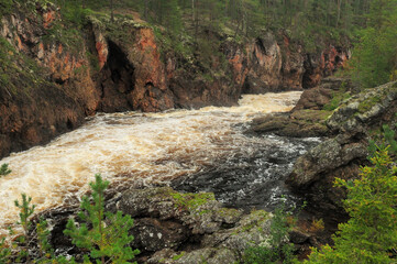 Wild Kiutakongas River In Oulanka National Park Finland On An Overcast Summer Day