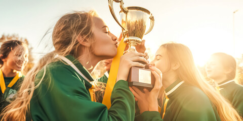 Girl with trophy celebrating victory with friends at school sports court. Winning team of sport tournament for kids children. digital ai - obrazy, fototapety, plakaty