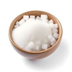 brown wooden bowl of white sugar with sugar cubes