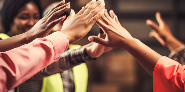 People of various ethnicities putting their hands together. Friends with stack of hands showing unity and teamwork

