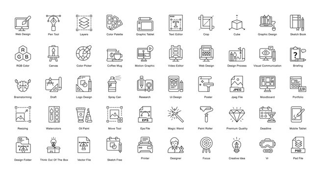 Art Design Thin Line Iconset Design Process Outline Icon Bundle in Black