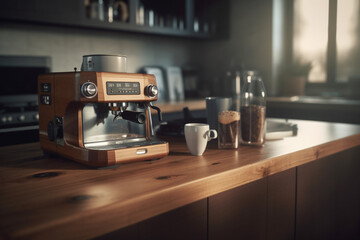 Fototapeta na wymiar Modern espresso coffee machine with a cup in interior of kitchen closeup, Created using generative AI tools.