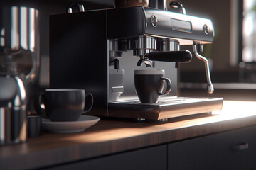 Modern espresso coffee machine with a cup in interior of kitchen closeup,  Created using generative AI tools.