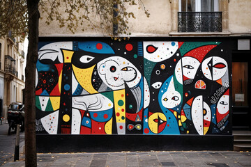 Colorful Naive Mural in a Parisian Street - generative AI