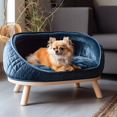 dog sitting on a blue sofa