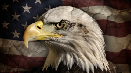 Eagle with American Flag 4th of July, Independence Day, grunge, Patriotic-themed, photorealistic illustrations in JPG. generative ai