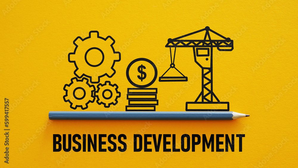 Poster business development is shown using the text and picture of the construction crane