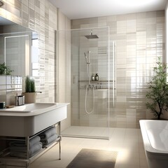 modern bathroom interior with white and ivory tiles