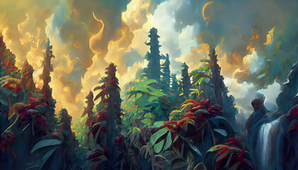 Jungle under cloudy sky. Dense thickets of the jungle. A bright picture. Imitation of oil painting. AI-generated