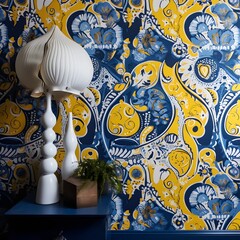 room with a funky yellow and blue floral damascus wallpaper and a small side table with a lamp