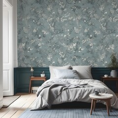 blue and white floral damascus classic vintage wallpaper on interior wall and a double bed