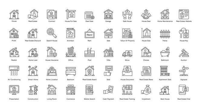 Real Estate Thin Line Iconset Home House Outline Icon Bundle in Black