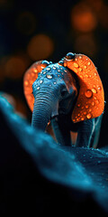 Tiny baby elephant, on a bright orange flower with dew drops reflecting on the petals, a sweet, beautiful scene. Generative AI