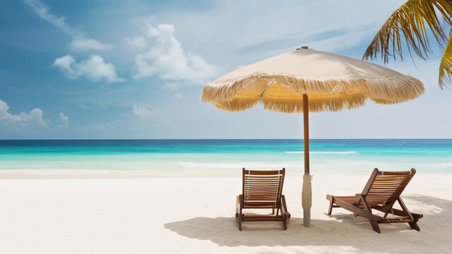 Chairs and umbrella on a tropical beach. Holidays concept, banner with copy space. Generative ai and digital editing.