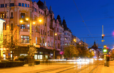 Fototapeta premium Twilight image with Debrecen streets with impressive architecture, Hungary
