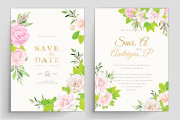 hand drawn roses and green leaves wedding invitation card set