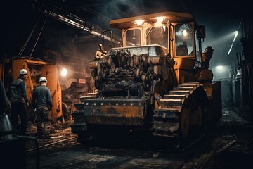A team of workers in a manufacturing plant assembling and testing heavy equipment