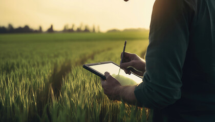 agronomist using a tablet in an agricultural - obrazy, fototapety, plakaty