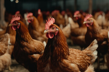 large flock of chicken hens all together in a big warehouse on a farm  Generative AI