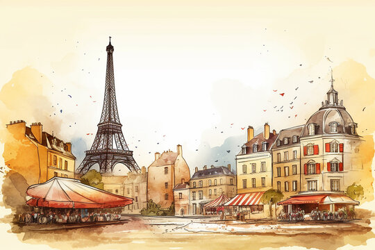 Water color picture of Paris with its symbol of Eiffel Tower. Generative AI
