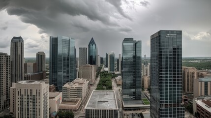 Fototapeta premium A city skyline with tall buildings and a cloudy sky. generative ai