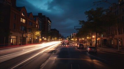 A bustling city street at night, captured in a long exposure shot to create a beautiful motion blur effect. generative ai
