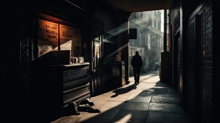 A moody and atmospheric urban photography with deep shadows. generative ai