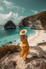 Standing woman wearing summer yellow look, Best Beaches. AI generative