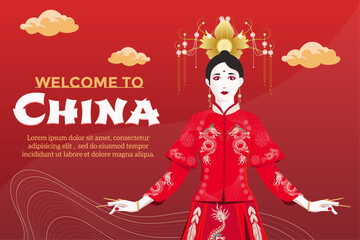 Chinese Girl wearing awesome Chinese red Dress  with a lot of paintings and have a crown on her head.