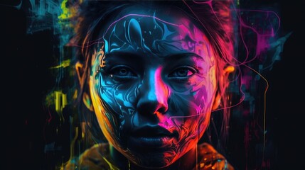 A trippy portrait with a mix of neon colors and swirling shapes. generative ai