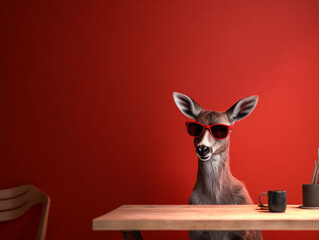 A Deer Wearing Sunglasses Sitting at a Table with a Red Wall | Generative AI