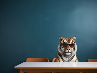 A Tiger Wearing Sunglasses Sitting at a Table with a Blue Wall | Generative AI