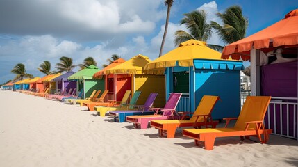 Colorful beach cabanas, with umbrellas and lounge chairs. The atmosphere is relaxed and fun. generative ai