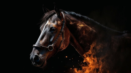 Fototapeta na wymiar portrait of a bay horse in the fire on a black background.generative ai