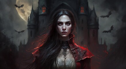 A vampire character standing in front of a castle in a dark forest, Generative AI - obrazy, fototapety, plakaty