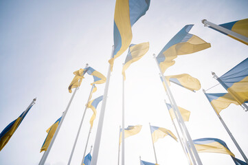 Riga, Latvia - March 24 2023: The national flag of Ukraine with sunny background captured outdoors