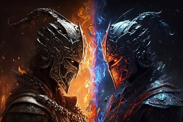 Two warriors facing each other with flames around, duality concept, Generative AI