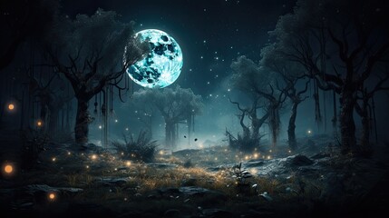 Enchanted forest at night with fireflies and a full moon. generative ai