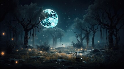 Naklejka premium Enchanted forest at night with fireflies and a full moon. generative ai
