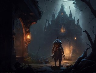 Dark fantasy, with a warrior standing in front of a castle, Generative AI