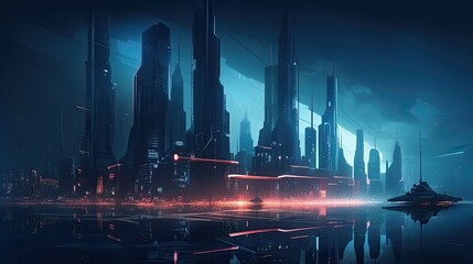 Futuristic city skyline at night, with neon lights and reflections in the water. The atmosphere is electric and energetic. generative ai
