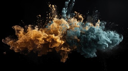 Shiny smoke. Glitter fluid. Ink water. Magic mist. Blue color particles texture paint vapor storm wave on dark black abstract background. generative ai