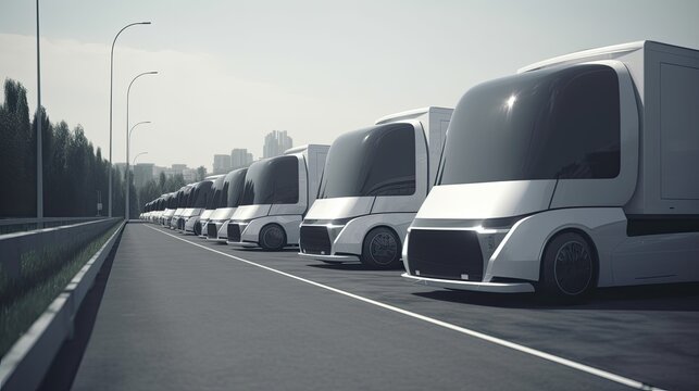 Futuristic trucks fleet on highway with full self driving system activated for transportation autonomy. generative ai