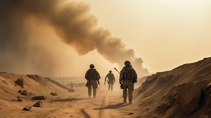 Obraz na płótnie Canvas Military special forces soldiers crosses destroyed warzone through fire and smoke in the desert. generative ai