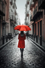 Red umbrella in hand of woman walking on a colorless street. AI generative