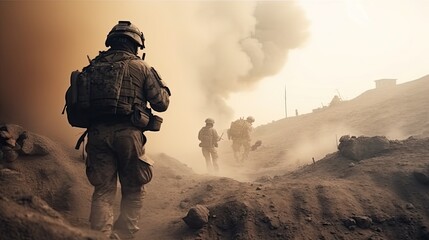 Military special forces soldiers crosses destroyed warzone through fire and smoke in the desert. generative ai