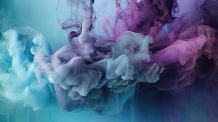 Mist texture. Color smoke. Paint water mix. Mysterious storm sky. Blue purple glowing fog cloud wave abstract art background with free space.