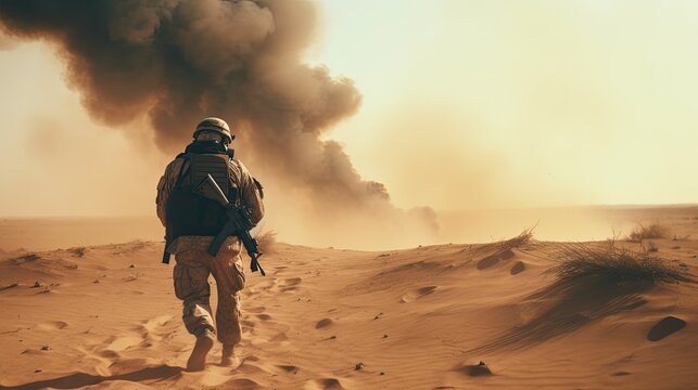Military special forces soldiers crosses destroyed warzone through fire and smoke in the desert. generative ai